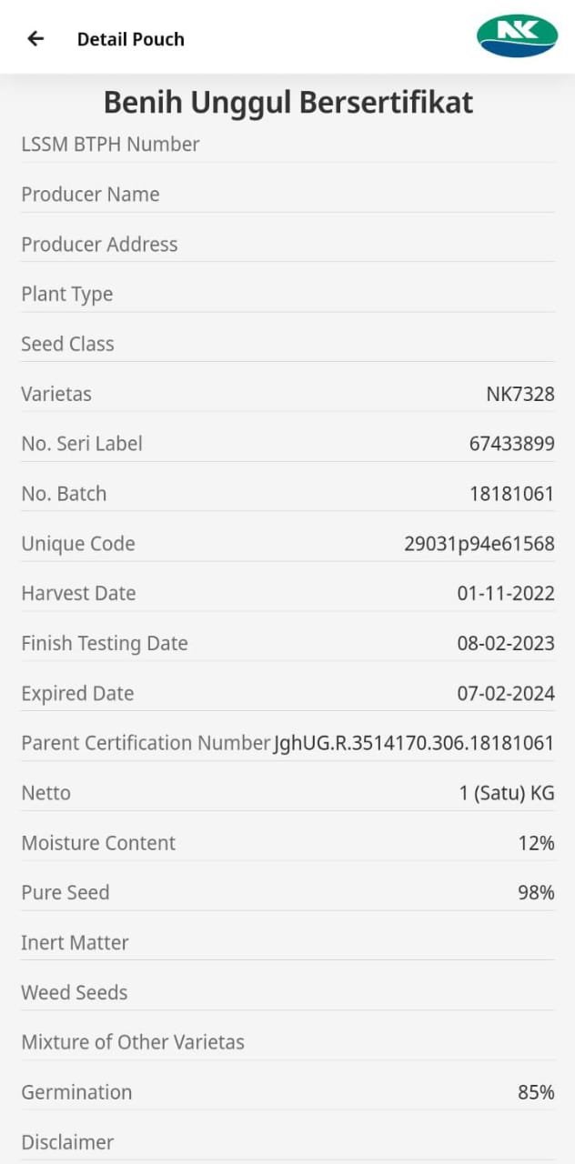 Hasil Cek Produk Bibit Jagung yang dibagikan masyarakat melalui aplikasi milik Perusahaan.