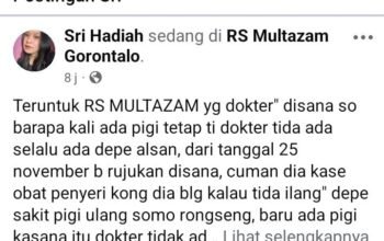 Tangkapan layar postingan Sri Hadiah yang keluhkan pelayanan RS Multazam. Selasa, (10-12). (Foto: Gotimes.id)