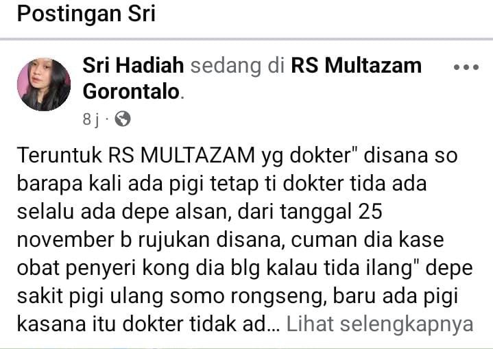 Tangkapan layar postingan Sri Hadiah yang keluhkan pelayanan RS Multazam. Selasa, (10-12). (Foto: Gotimes.id)