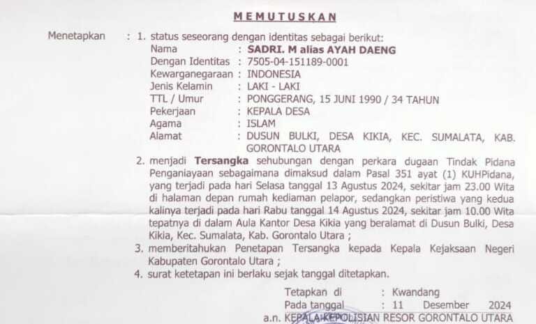 Surat Keputusan Kades Kikia Sebagai Tersangka. (Foto: Gotimes.id)