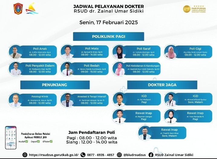 Jadwal Pelayanan Dokter RSUD dr. Zainal Umar Sidiki pada Senin, 17 Februari 2025. (Foto: Dok. Ist)