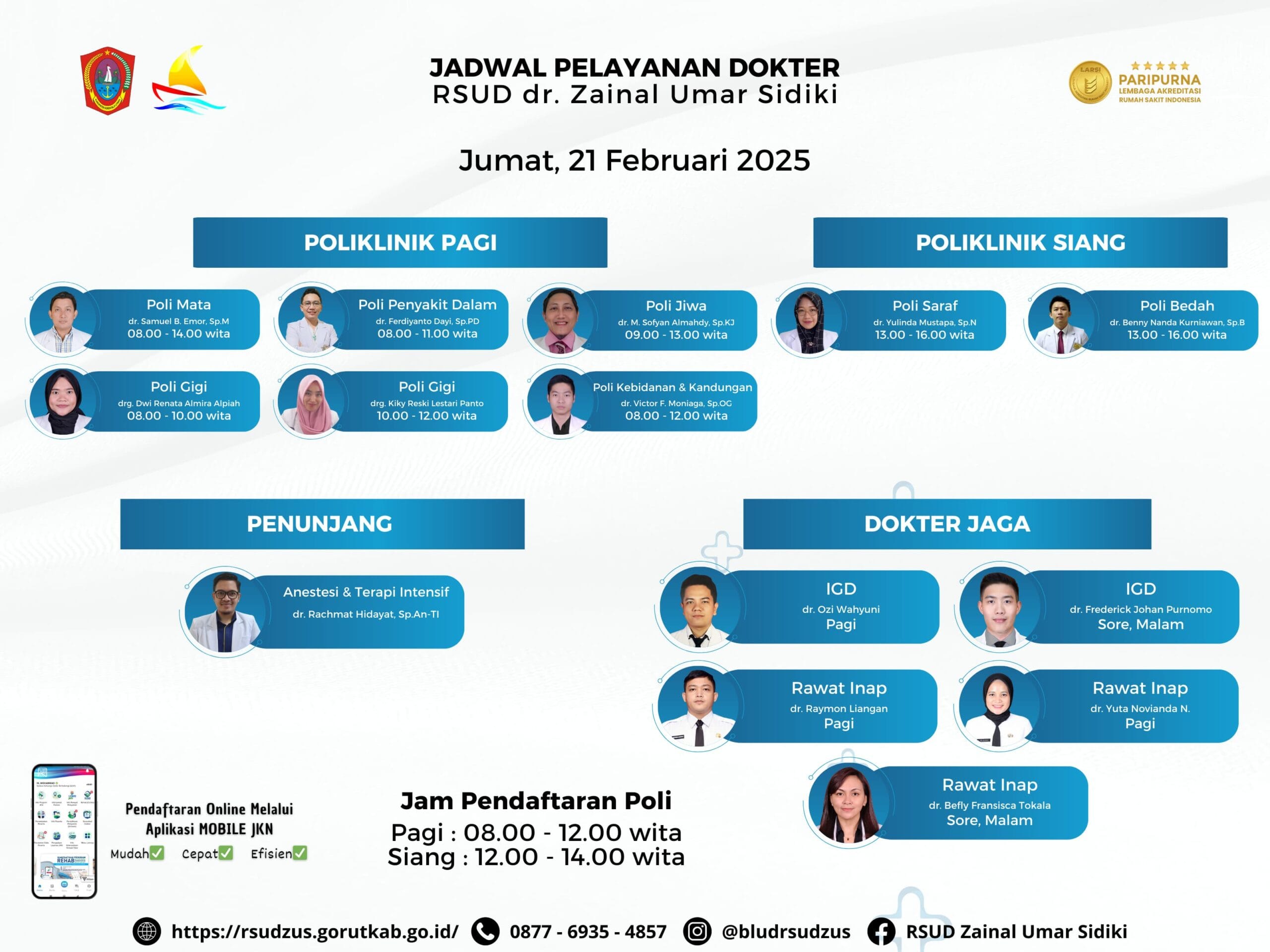 Jadwal Pelayanan Dokter RSUD dr. Zainal Umar Sidiki Jumat, 21 Februari 2025. (Foto: Dok. Ist)