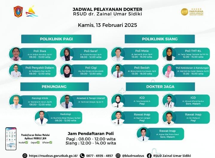 Jadwal Pelayanan Dokter RSUD dr. Zainal Umar Sidiki untuk Kamis, 13 Februari 2025. (Foto: Dok. Ist)