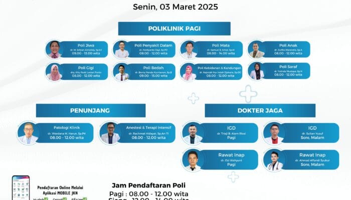 Jadwal Pelayanan Dokter RSUD dr. Zainal Umar Sidiki untuk Senin, 3 Maret 2025