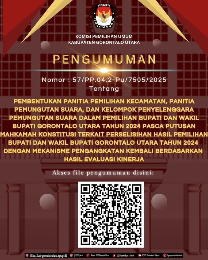 KPU Gorut Umumkan Pembentukan Kembali PPK, PPS, dan KPPS untuk PSU Pemilihan Bupati dan Wakil Bupati 2024. (Foto: Dok. KPU Gorut)