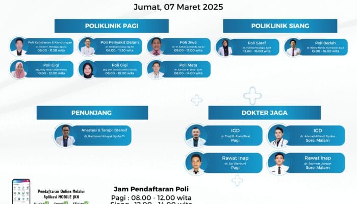 Jadwal Pelayanan Dokter RSUD dr. Zainal Umar Sidiki untuk Jumat, 7 Maret 2025