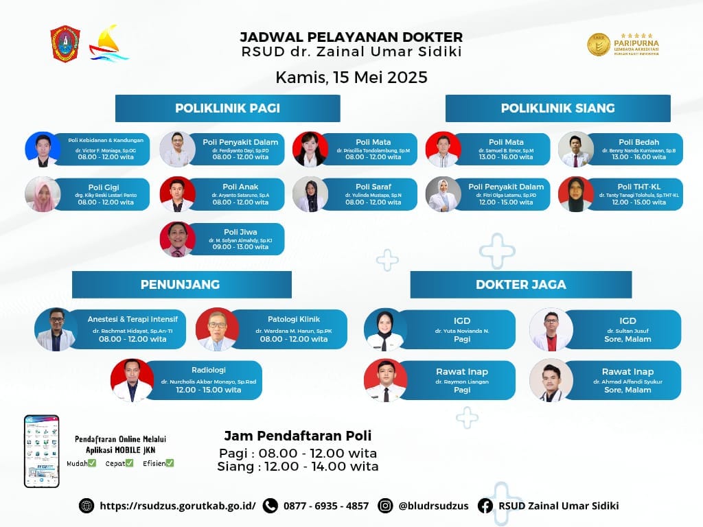RSUD Zainal Umar Sidiki Umumkan Jadwal Pelayanan Dokter untuk Kamis, 15 Mei 2025. (Foto: Dok ZUS)