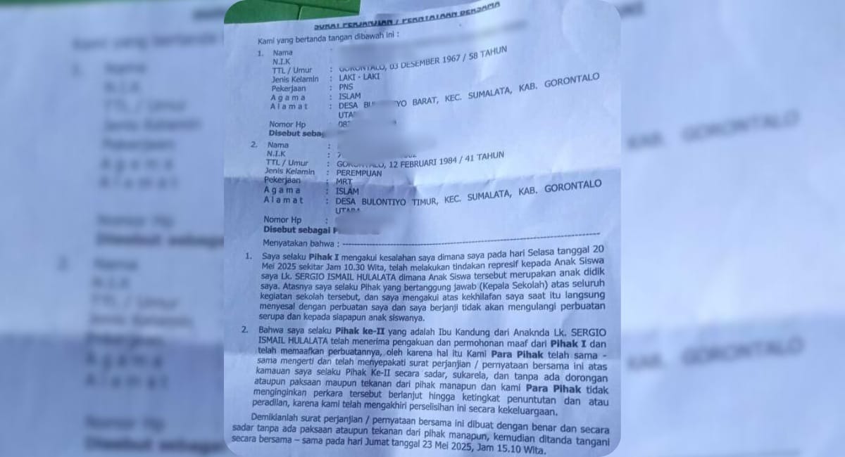 Surat perjanjian/persetujuan bersama atara kepala sekolah dan ibu siswa. (Foto: Ist)