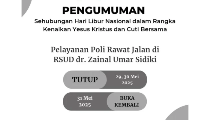 RSUD Zainal Umar Sidiki Tutup Layanan Poliklinik Selama Libur Panjang 29–30 Mei 2025