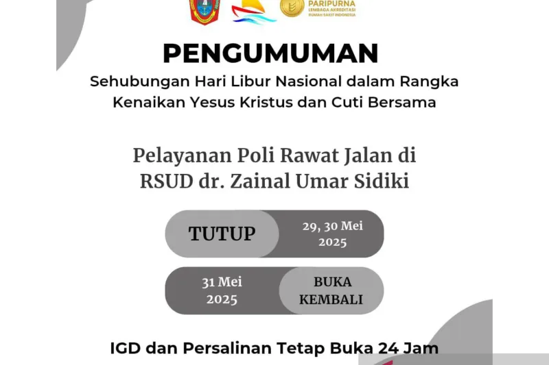 RSUD Zainal Umar Sidiki Tutup Layanan Poliklinik Selama Libur Panjang 29–30 Mei 2025. (Foto: Dok. ZUS)