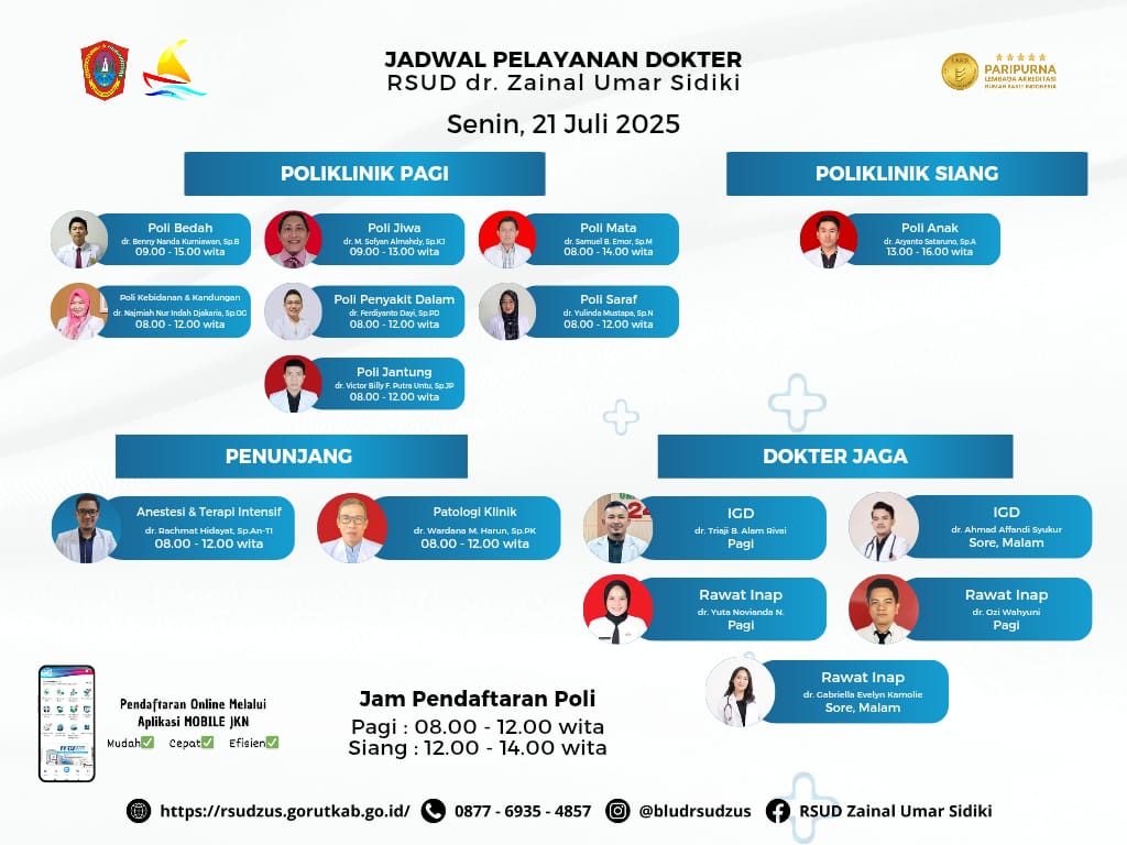 RSUD dr. Zainal Umar Sidiki Umumkan Jadwal Dokter Senin, 21 Juli 2025. (Foto: Dok. Zus)