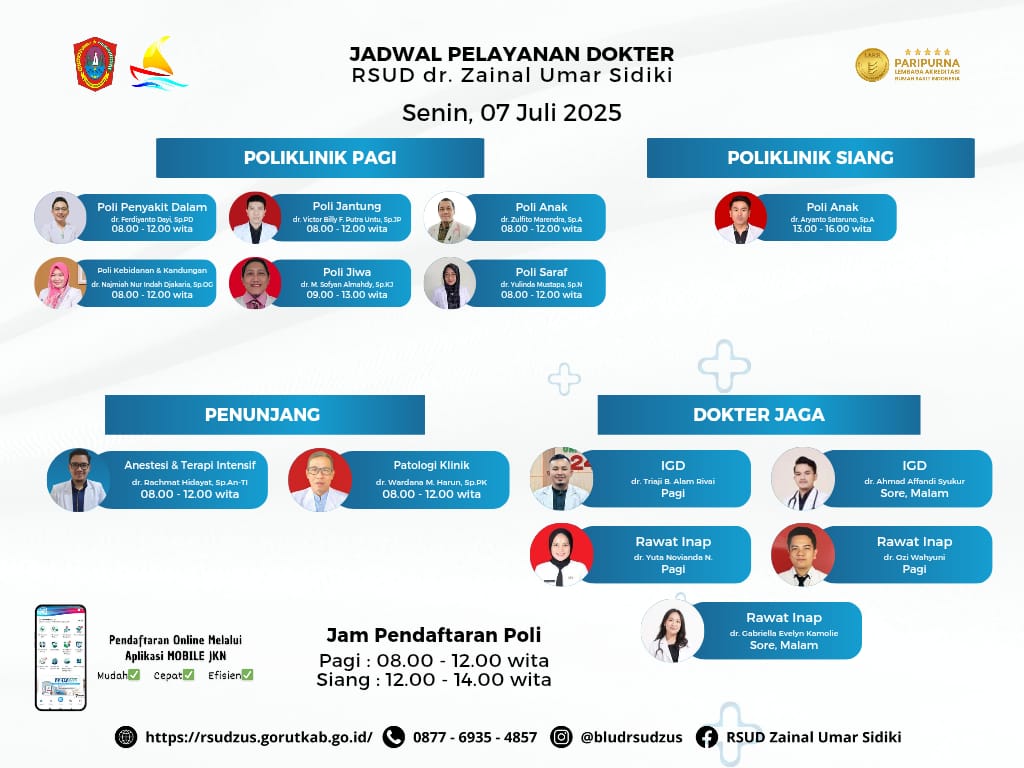 RSUD dr. Zainal Umar Sidiki Rilis Jadwal Pelayanan Dokter untuk Senin, 7 Juli 2025. (Foto: Dok. RSUD ZUS)