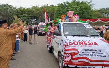 TK Mawar Bualemo Ikut Meriahkan Karnaval Kendaraan Hias Tingkat Kabupaten Gorontalo Utara. (Foto: GoTimes/Febri)