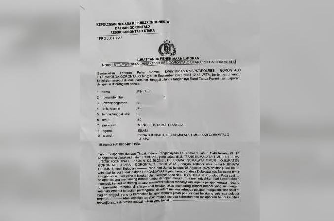 Surat Tanda Penerimaan Laporan (STTLP) dengan Nomor: STTLP/B/109/IX/2025/SPKT/POLRES GORONTALO UTARA/POLDA GORONTALO. (Foto: GoTimes/Febri)
