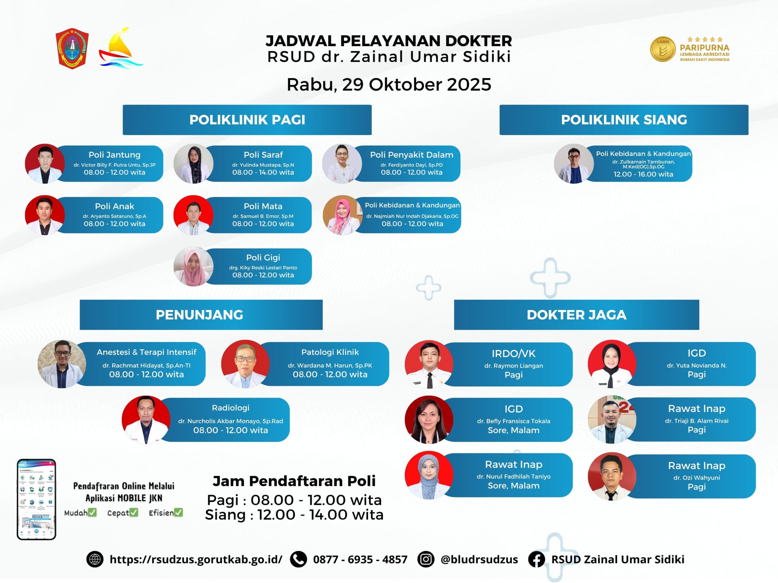 RSUD dr. Zainal Umar Sidiki Umumkan Jadwal Pelayanan Dokter Rabu, 29 Oktober 2025. (Foto: Ist)
