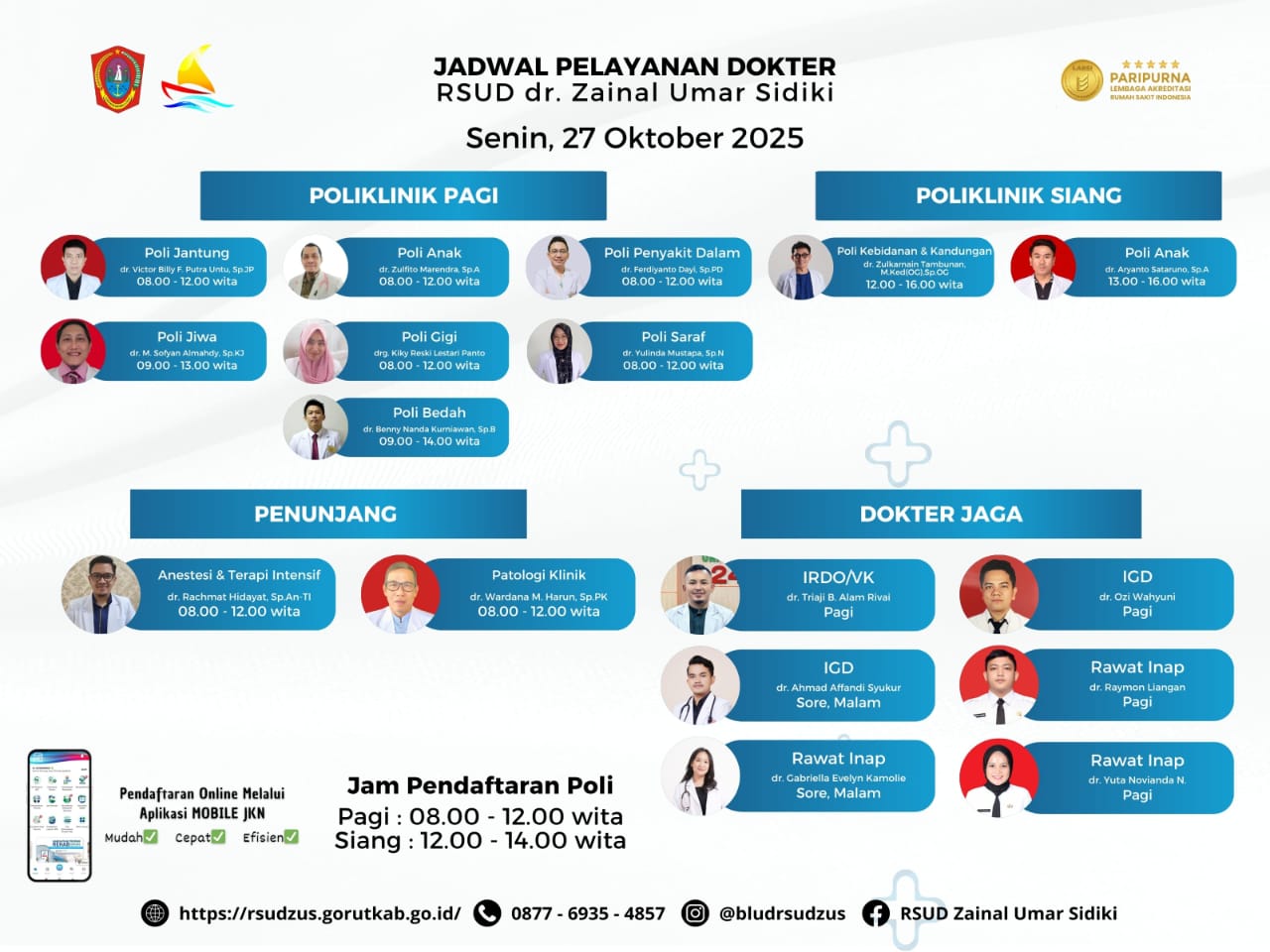 RSUD dr. Zainal Umar Sidiki Umumkan Jadwal Pelayanan Dokter Senin, 27 Oktober 2025. (Foto: Ist)