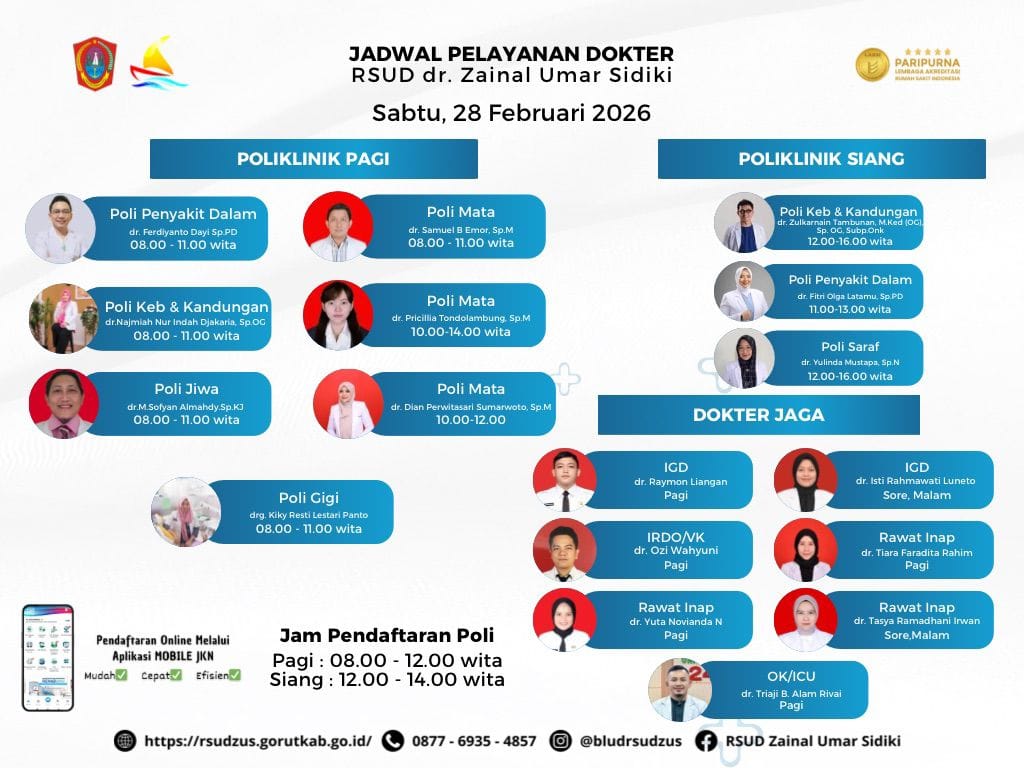 Yuk Jaga Kesehatan, Ini Jadwal Dokter RSUD dr. Zainal Umar Sidiki 28 Februari 2026. (Foto: RSUD ZUS)