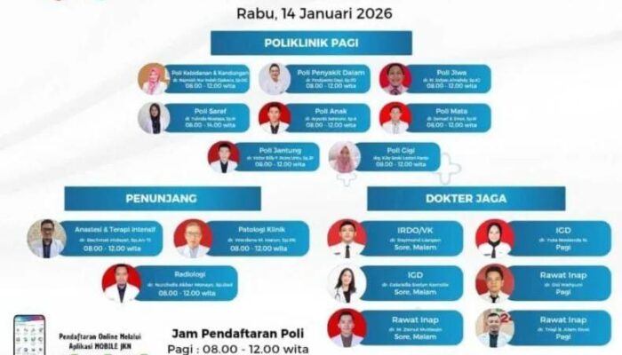 Rabu 14 Januari 2026, RSUD dr Zainal Umar Sidiki Buka 8 Poliklinik Pagi Hingga Pukul 12.00 WITA